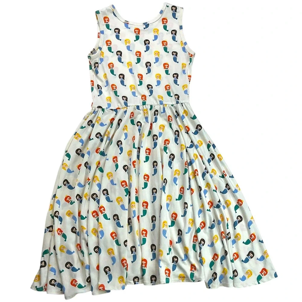DotDotSmile White Mermaid Print Twirl Dress Kids Size 8/10 Sleeveless Scoop Neck
